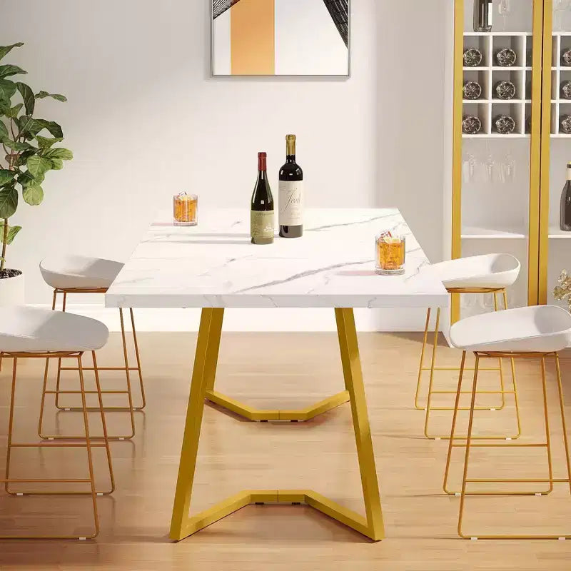 Tavolo da pranzo rettangolare moderno 55 pollici, bianco/oro