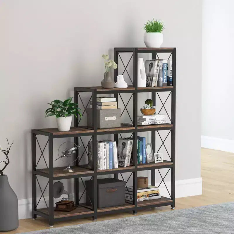 Libreria angolare da 12 ripiani da 51,5" per ufficio, colore marrone