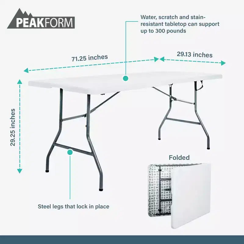 Tavolo Multiuso Pieghevole a Metà per Banchetti Scrivania Leggera Resistente con Base Sicura per Eventi Interni ed Esterni, 180 cm, Bianco