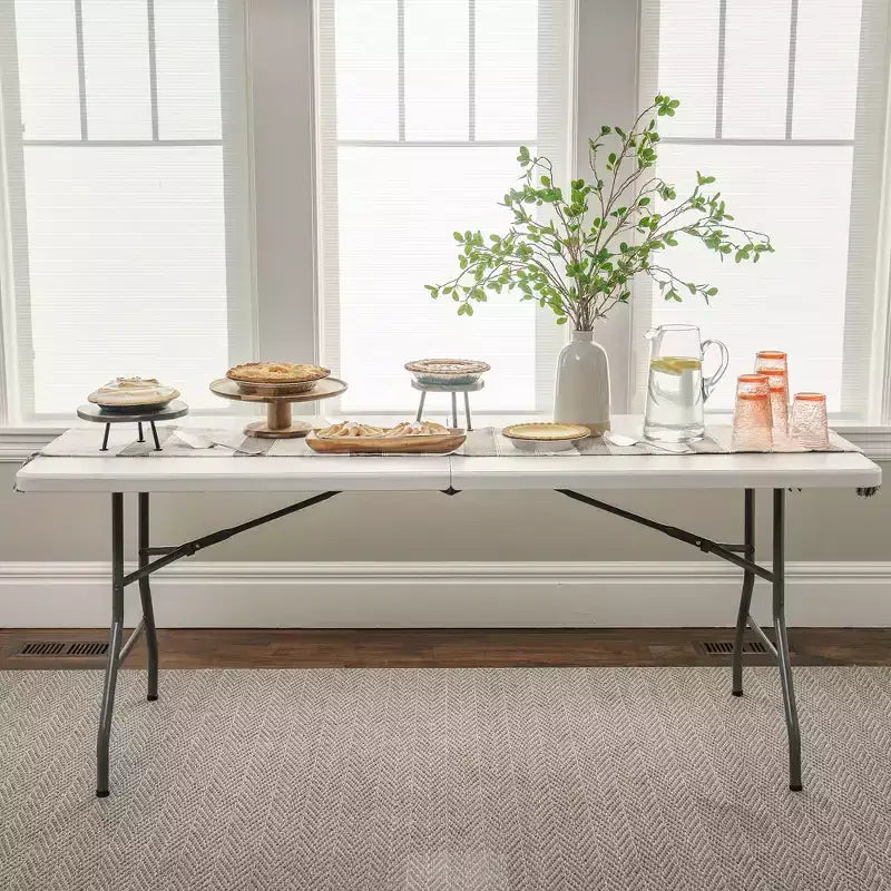 Tavolo Multiuso Pieghevole a Metà per Banchetti Scrivania Leggera Resistente con Base Sicura per Eventi Interni ed Esterni, 180 cm, Bianco