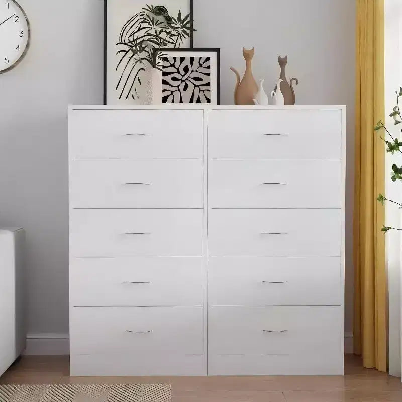 Comò a 5 cassetti per camera da letto, alto 125,5 cm, in legno con maniglie in metallo, bianco