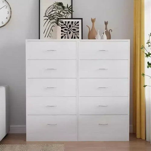 Comò a 5 cassetti per camera da letto, alto 125,5 cm, in legno con maniglie in metallo, bianco
