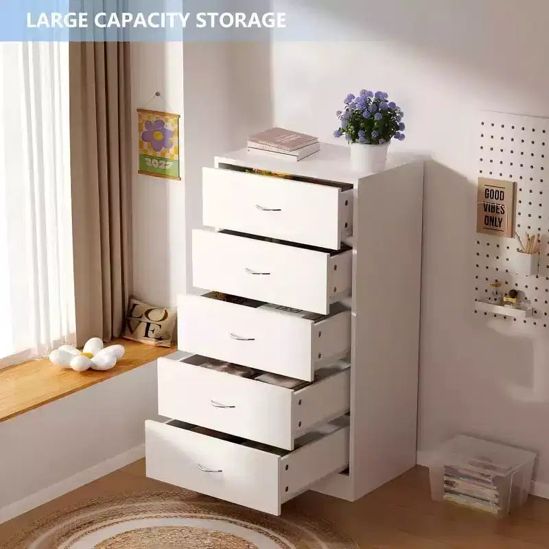 Comò a 5 cassetti per camera da letto, alto 125,5 cm, in legno con maniglie in metallo, bianco