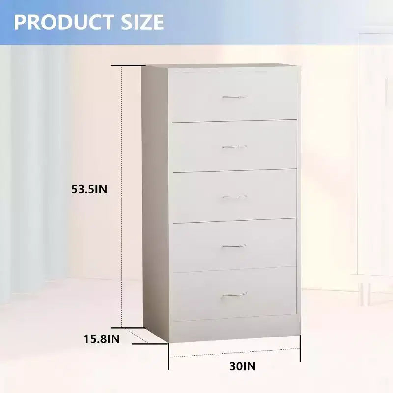 Comò a 5 cassetti per camera da letto, alto 125,5 cm, in legno con maniglie in metallo, bianco