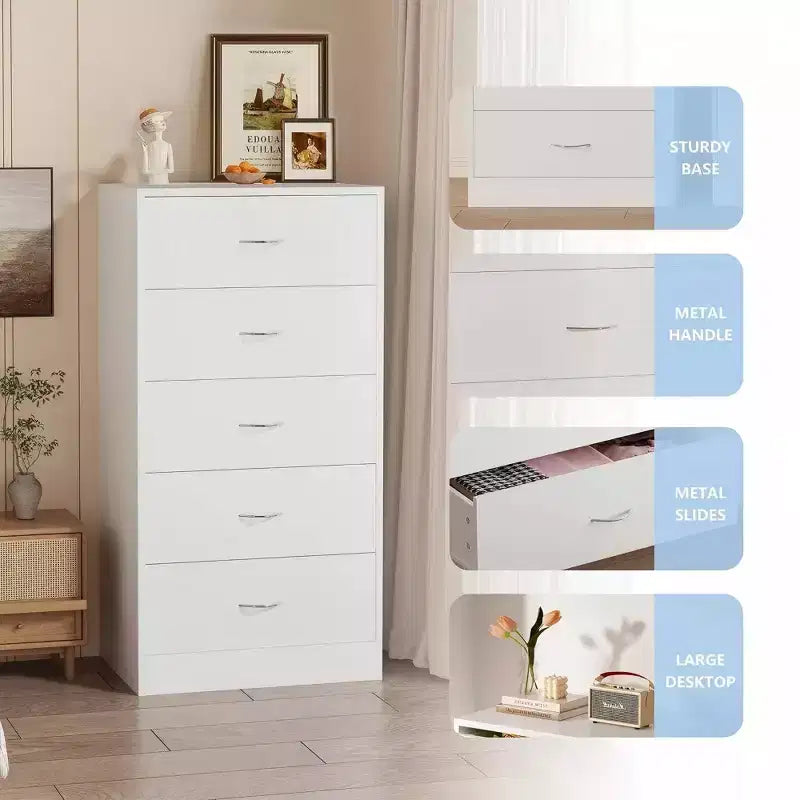 Comò a 5 cassetti per camera da letto, alto 125,5 cm, in legno con maniglie in metallo, bianco