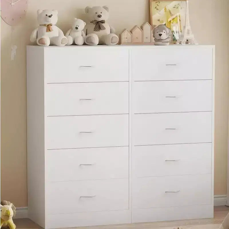 Comò a 5 cassetti per camera da letto, alto 125,5 cm, in legno con maniglie in metallo, bianco