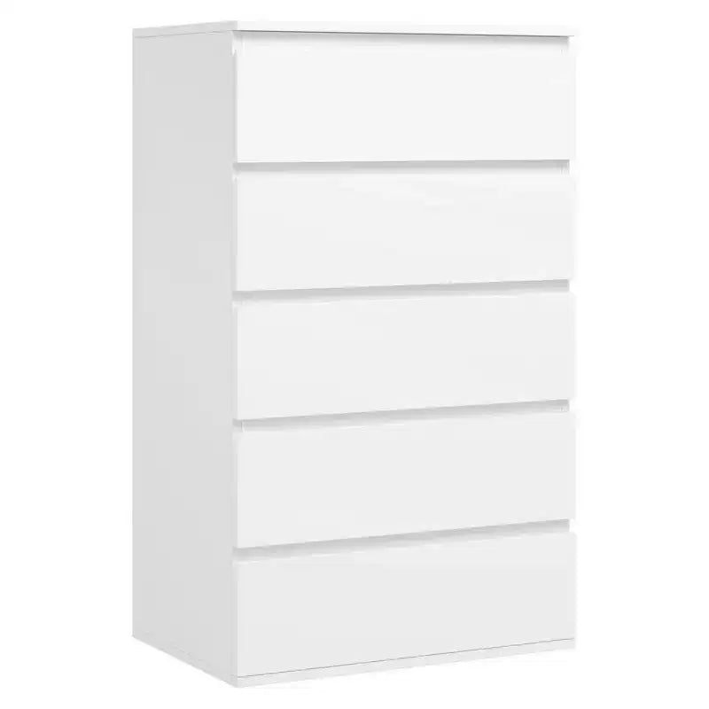 Comò a 5 cassetti per camera da letto, alto 125,5 cm, in legno con maniglie in metallo, bianco