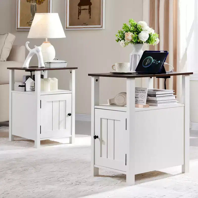 2 PCS Nightstand with Charging Station & Barn Door & Open ShelvesFarmhouse End Table for Bedroom, Living Room